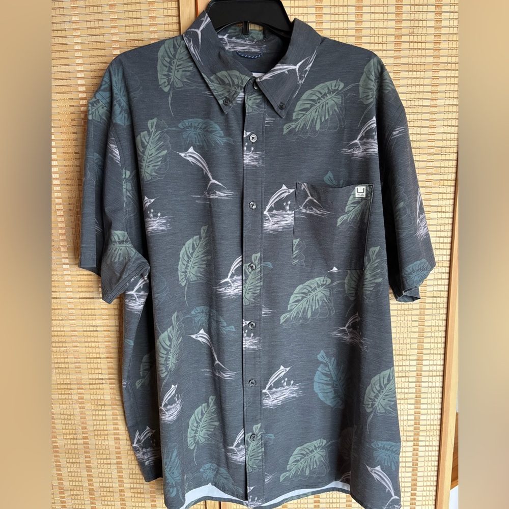 Huk Men's Charcoal Fish Print Shirt XXL